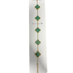 Gold Plated Stainless Steel Clover Bracelet With Green Enamel Accents